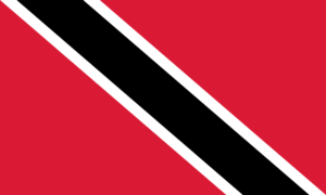 The national flag of Trinidad and Tobago, adopted in 1962: a red field with a white-edged black diagonal band