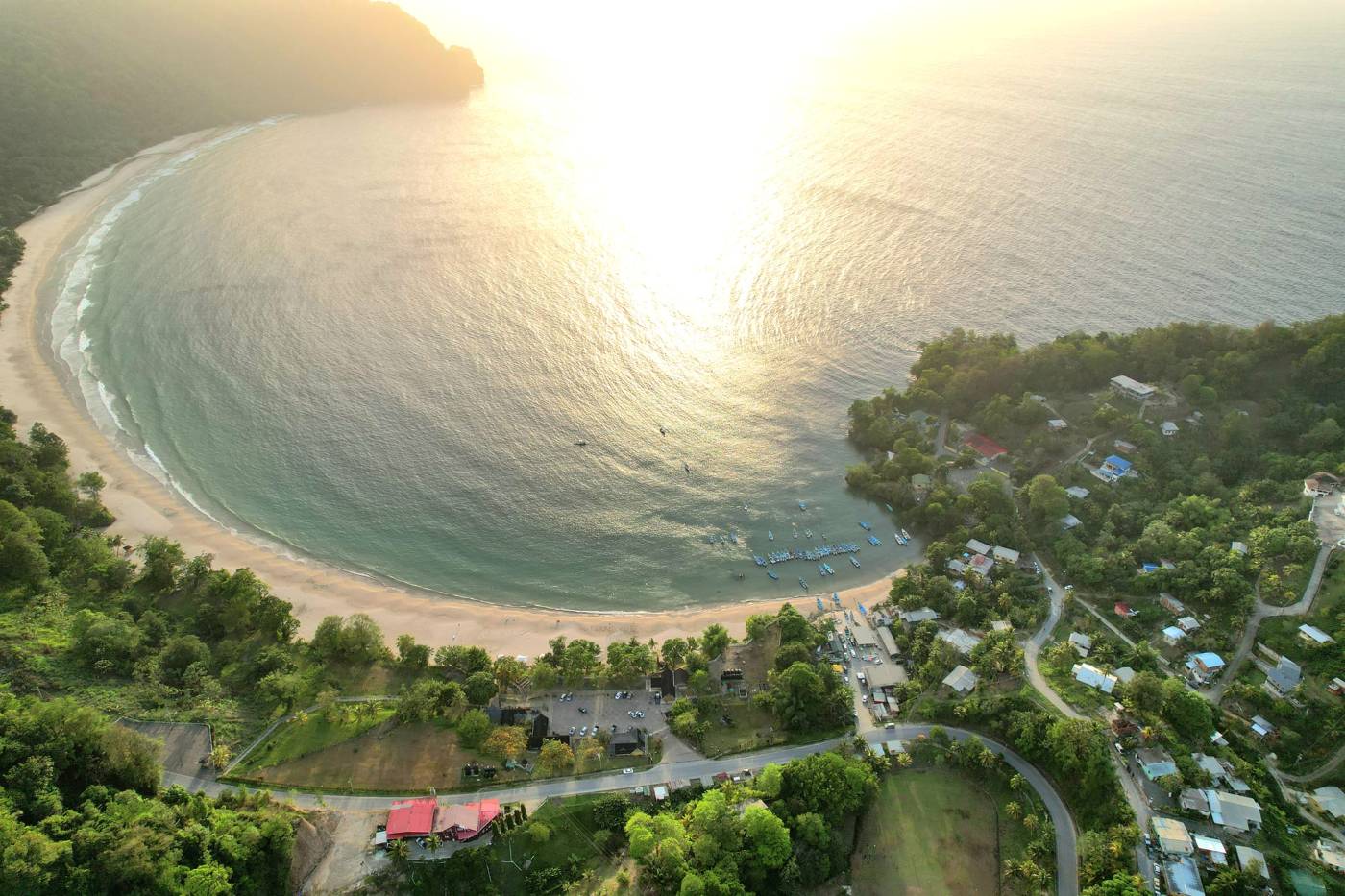 Aerial view of Las Cuevas Bay at sunset on the north coast of Trinidad